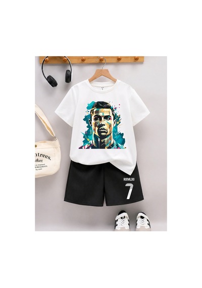 Stil-x Ronaldo Baskılı Erkek Çocuk Şort Takım Beyaz-siyah1