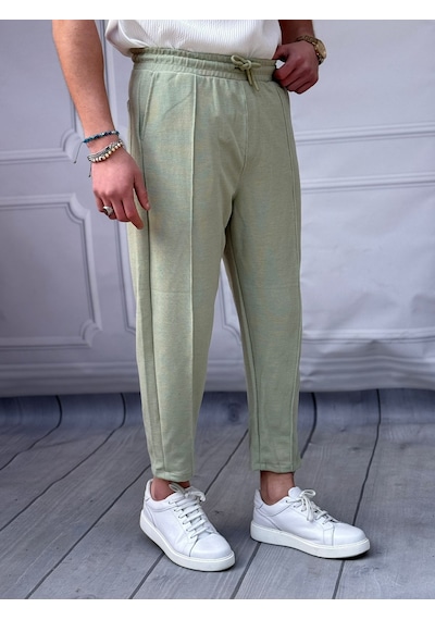 Modefendi Waffle Kumaş Şerit Detaylı Boyfriend Jogger Pantolon Yeşil