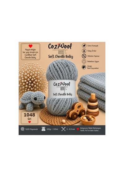 Kadife İp Soft Chenille Bulky 5'li Paket 5x100 Gr 120 Mt El Örgü İpi Gri - 875823131