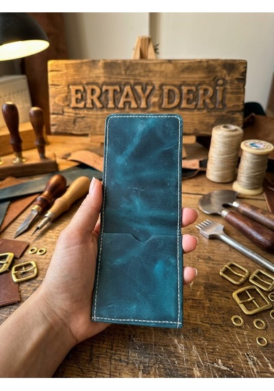 Ertay Deri % 100 Hakiki Deri El Yapımı Mavi Viral Model Çok Bölmeli Cüzdan & Kartlık Açık Mavi