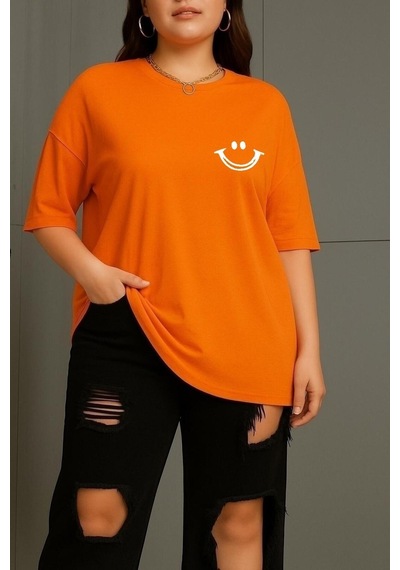 Büyük Beden Gülücük Baskılı Unisex Tişört Turuncu