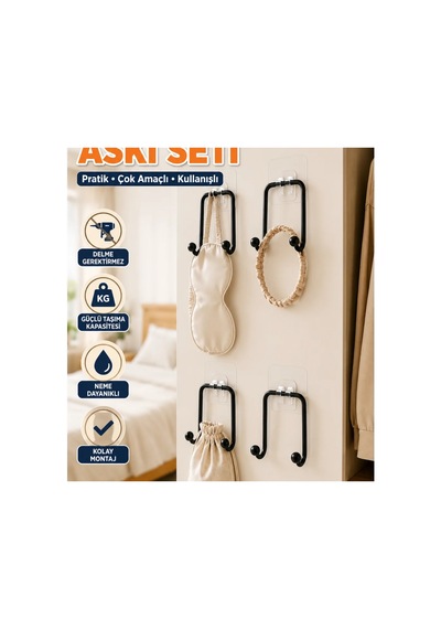 4 Lü Yapışkanlı Çok Amaçlı Duvar Askısı Seti Çok Renkli