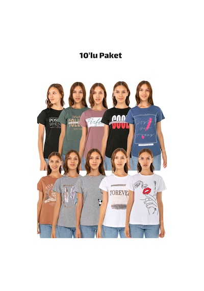 Kadın Penye Baskılı 10'lu Paket T-shirt Çok Renkli