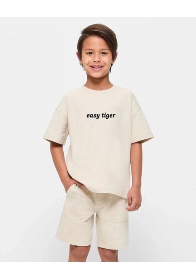 Uyguntarz Çocuk Easy Tiger Baskılı Pamuklu Tshirt Bej