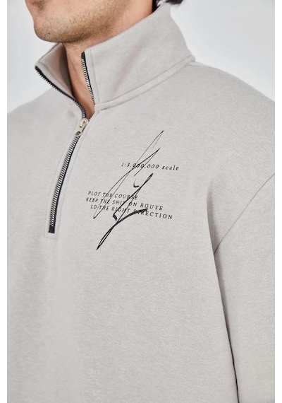 Erkek Yarım Fermuarlı Baskılı Sweat - Boyalı Gri 001