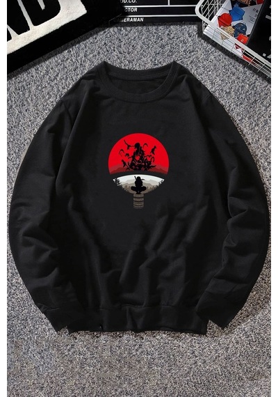 Unisex Itachi Uchiha Baskılı Bisiklet Yaka Sweatshirt Siyah