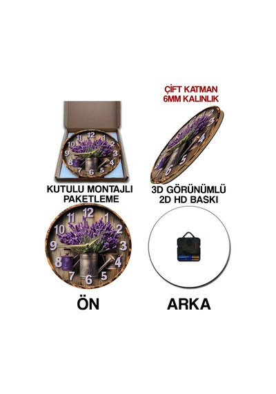 Lavanta Temalı 3d Görünümlü Mdf Duvar Saati 33 Cm Sdw128 Renkli