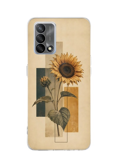 Oppo A74 Uyumlu Vintage Botanik Ayçiçeği Desenli Baskılı Silikon Kılıf