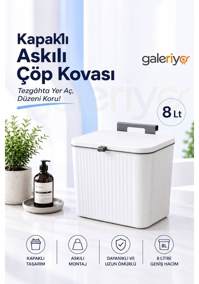 8 Litre Mutfak Tezgah Üstü Ve Dolap Askılı Çöp Kovası Kapaklı Pratik Atık Kovası Beyaz - Gri