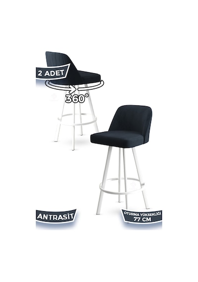 Canisa Atex Serisi 2 Adet Antrasit Sandalye 360 C Döner Bar Sandalyesi Babyface Kumaş Beyaz Metal Ayaklı Sandalye Antrasit Ayaklar Beyaz