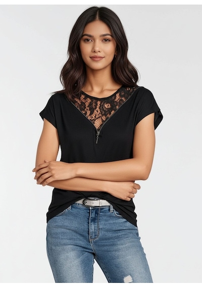 Mamayaga Kadın Dantel Ve Fermuar Yaka Kısa Kol Yakası Güpür Detay Şık Tshirt Bluz Limon