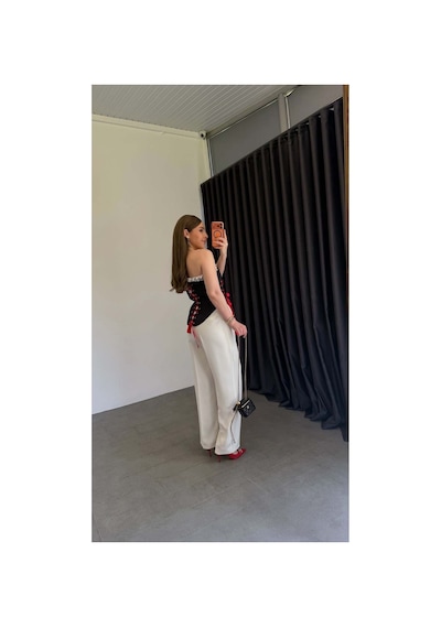 Elif Teke Balenli Kırmızı Kurdelalı Korse Bluz Lacivert Standart
