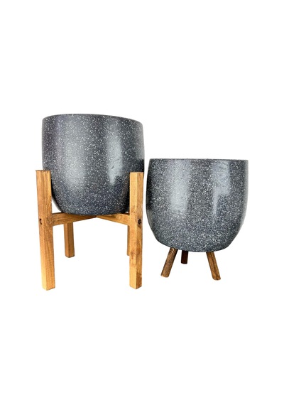 Bitki Tasarımı Ev Dekorasyon Aksesuar Gri Granit Toprak Saksı Saksılık Salon Çiçeklik İkili Set 3 Ayaklı- 4 Ayaklı- 19 CM