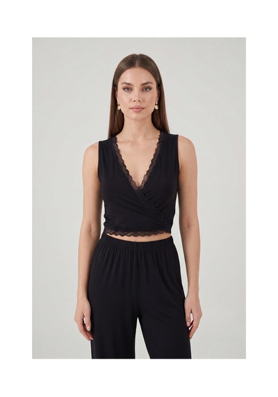 Lela Yumuşak Dokulu Sırtı Bağlamalı Dantelli Crop Pijama Takımı Bayan Pijama Takımı 6575015 Siyah