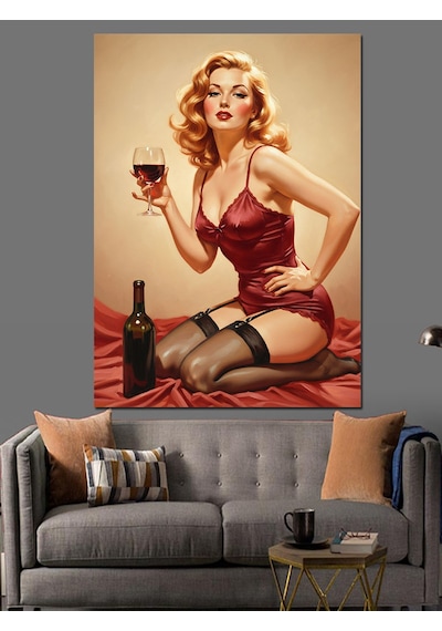 Şarap İçen Kırmızı Gecelikli Seksi Retro Kadın Dekoratif Kanvas - Mdf Ahşap Tablo