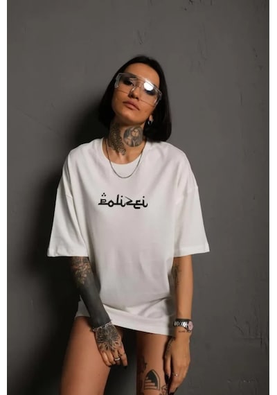 Bisiklet Yakalı Sırt Baskılı Oversize T-shirt - Beyaz Beyaz