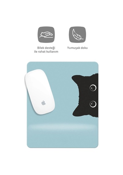 Jel Dolgulu Pvc Yüzey Mavi Kedi Çizimli Bilek Destekli Dikdörtgen Mouse Pad Mouse Altlığı. Mousepad