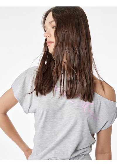 Koton Viskon Karışımlı Slim Fit Kısa Kollu Omzu Açık Baskılı Tişört Kar Melanj 6sal10912ık Gri Melanj