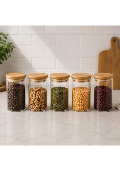 5'li 250 Ml Bambu Kapaklı Cam Kavanoz Seti, Silikon Contalı Şeffaf Baharatlık Ve Saklama Kabı, Çay Kahve Şeker Baharat Kuruyemiş Kavanozu Çok Renkli