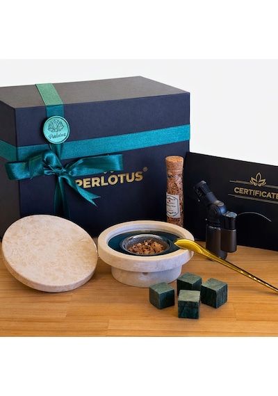 Perlotus Mermer Viski Tütsüleme Aparatı Premium Hediye Kutulu Çakmak, Soğutma Taşları Talaş Seti Bej
