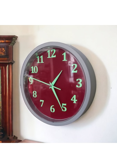 Fosforlu Gece Parlayan Kırmızı Beyaz Salon Ofis Duvar Saati 22 Cm Kırmızı