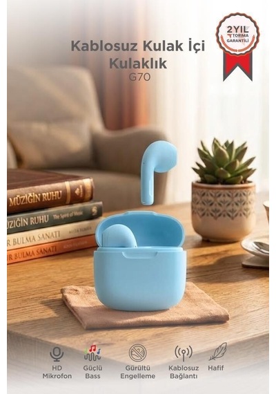 Özel Üretim Akıllı İletişim Cihaz Bluetooth Kulaklık Kulak İçi Tws G70 Mavi