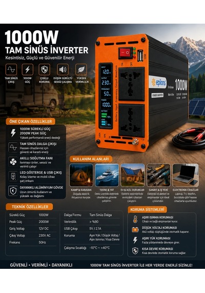 1000w Tam Sinüs İnverter 12v Ac Çevirici Sessiz Fanlı, Usb Çıkışlı, Araç Karavan Tekne Solar Uyumlu Güç İ