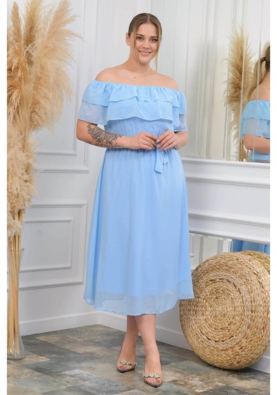 Neşeli Butik Kadın Bebe Mavisi Kuşaklı Büyük Beden Şifon Elbise Nb8061 Mavi
