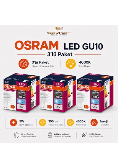 Osram Gu10 3'lü Paket Led Ampul 4.5w 4000k Günışığı 3 Adet
