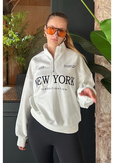Madmext Ekru Yarım Fermuarlı Baskılı Sweatshirt Mg2240 Ekru