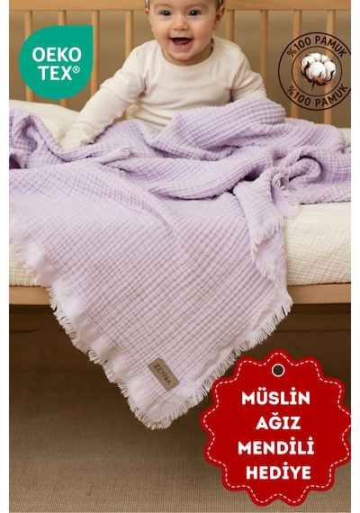 Zeypba Bebek & Çocuk İçin % 100 Pamuk 4 Katlı Müslin Örtü 110x110 CM Lila