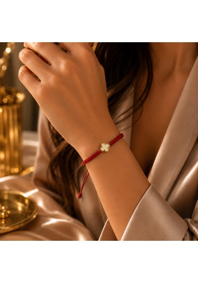 Seven Kuyumculuk 14 Ayar Altın Van Cleef Model Şans Yoncası Makrome Bileklik Kırmızı