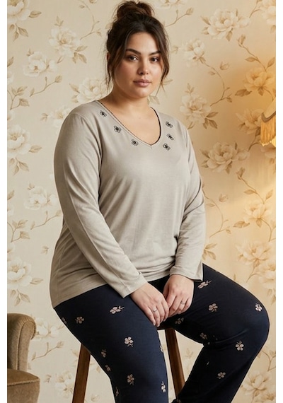 Siyah İnci Bej Desenli Nakışlı Büyük Beden Battal Boy Viskon Örme Pijama Takım 26224835