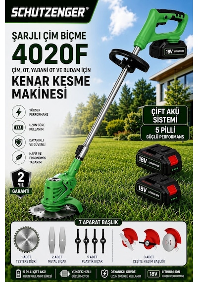 Schutzenger 4020F Şarjlı Ot Çim Biçme Kenar Kesme Makinesi 5 Pilli 2 Batarya 7 Başlıklı Şarjlı Tırpan Yeşil