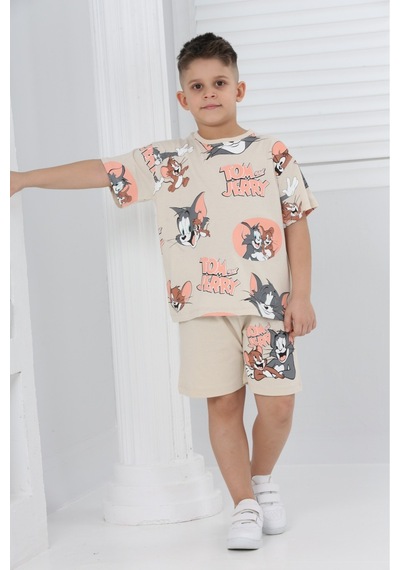 Veramoni Unisex Tom&jery Baskılı Kısa Kollu Şortlu İkili Takım Krem