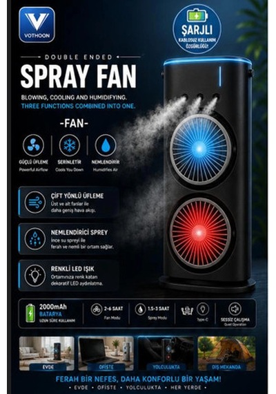 Vothoon Çift Başlıklı Sprey Fan Nemlendirici Ve Renkli Led Işıklı Siyah Diğer