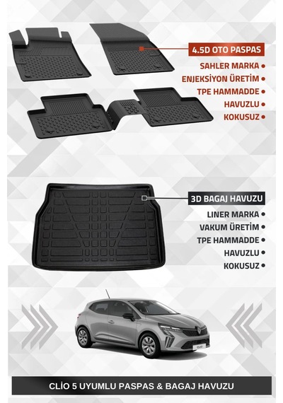Sahler Renault Clio 5 2020+ Uyumlu 4.5d Sahler Premium Havuzlu Paspas Ve Liner Marka 3d Bagaj Havuzu