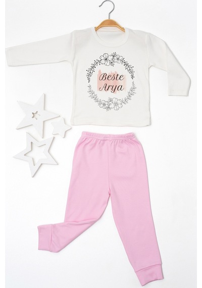 Pia Baby İsimli Kız Çocuk Pijama Takımı %100 Pamuk Penye İsme Özel Baskılı Kişiselleştirilebilir Pijama Seti 20355p14pi Krem