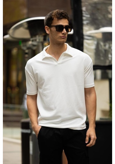 Glasses V Yaka Oversize Fitilli T-shirt - Beyaz Beyaz
