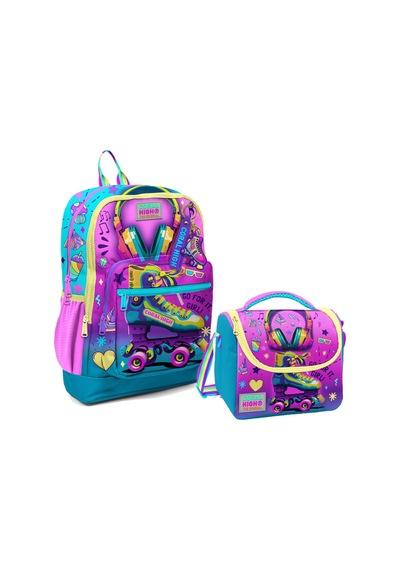 Coral High Dört Bölmeli Kız Çocuk Okul Sırt Çantası ve Beslenme Seti - Pembe Turkuaz Kulaklık Paten