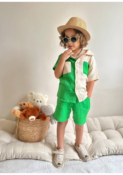 Jolly Kids Erkek Çocuk Çift Renk Müslin Gömlekli Alt Üst Takım-mint Mint Yeşili