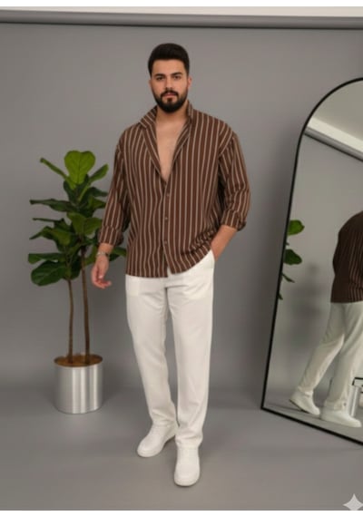 Erkek İki Çizgili Regular Relaxed Fit Uzun Kollu Gömlek Kahverengi