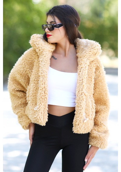 Giysa Kadın Peluş Mont Sarı Çoban Düğmeli Kısa Kesim Yumuşak Dokulu - 8749 Camel