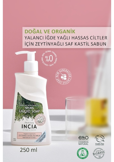 INCIA %100 Doğal Sıvı Kastil Sabunu Hassas Ciltler İçin Zeytinyağlı 10 Bitkisel Değerli Yağ Vegan 250 ML
