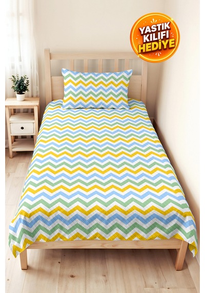 Mavi Zigzag Geometrik Genç Odası Tek Kişilik Pike Takımı-sarı Yeşil 160x220 Cm Kapitone Yatak Örtüsü Bohem Kireç Geçişi