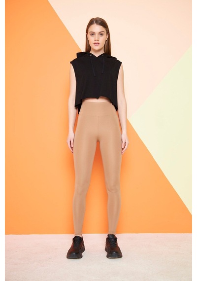 Thıff Gymwear Camel Yüksek Bel Sıkılaştırıcı Toparlayıcı Dalgıç Kumaş Spor Günlük Tayt Kahverengi