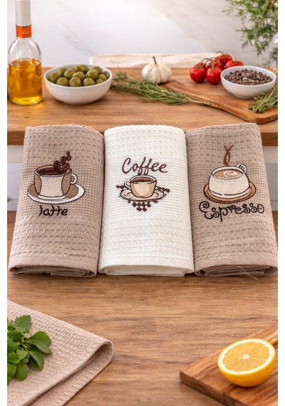 3 Lü Nakışlı Waffle Mutfak Havlusu 40x60 Cm Süper Emici & Yumuşak Kahve
