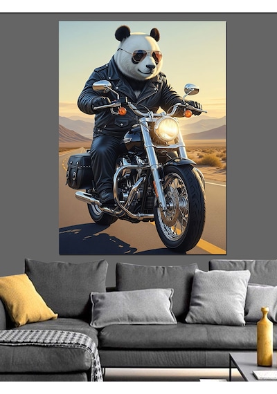 Motosiklet Süren Panda Ayısı Dekoratif Kanvas - Mdf Ahşap Tablo
