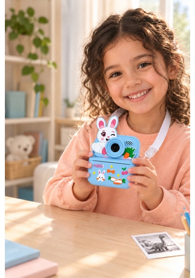 Kj/zm-003 Zoomy-r Tavşan Figürlü Anında Baskılı Çocuk Fotoğraf Makinesi, Çift Kamera, 2,4 İnç Ekran, 1080p Video, 3+ Yaş Mavi
