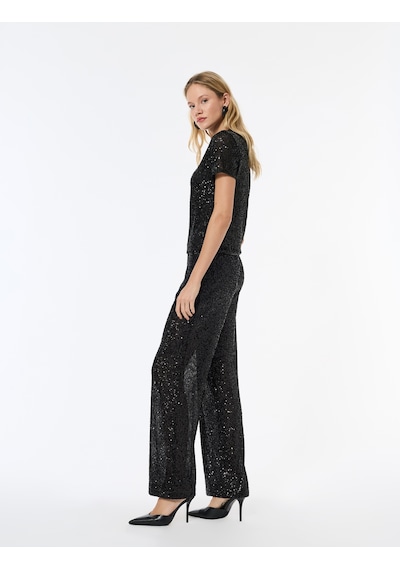 Koton Slim Fit Pullu Payetli İspanyol Paça Abiye Pantolon Siyah 6wak40001fk Siyah